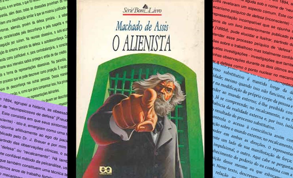 Capa estilizada do livro O Alienista, de Machado de Assis